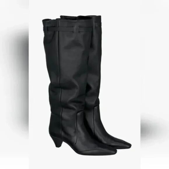 Black Zara Leather Ruched Tie Straps Square Pointed Toe Kitten Heel Boots (NWT) - Picture 4 of 6